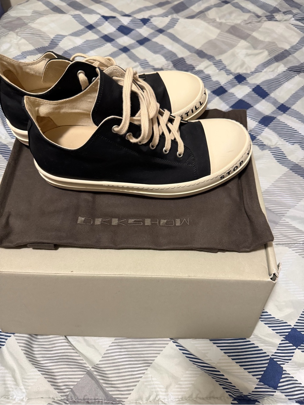 Rick Owens Black and Cream Low-Top Canvas Sneakers
